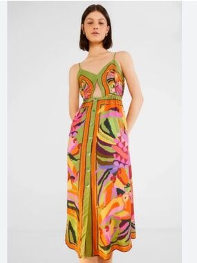 multicolor latin trip scarves organic cotton midi dress FARM RIO Multicolor Latin Trip Scarves Organic Cotton Midi Dress - 335811
